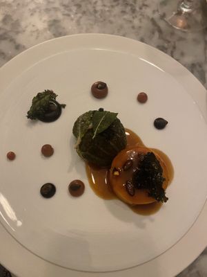 Pumpkin, savoy cabbage, black garlic, quince  at Restaurant 22 in Cambridge