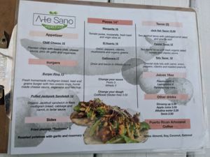Menu (English) at Arte Sano in Aguadilla