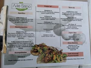 Menu (Spanish) at Arte Sano in Aguadilla