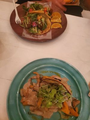 Foreground Mofongo,  background falafel tacos at Arte Sano in Aguadilla