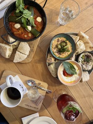 Vegan shakshuka, labneh, and roasted eggplant with pita #Veganuary at Babka Budapest in Budapest