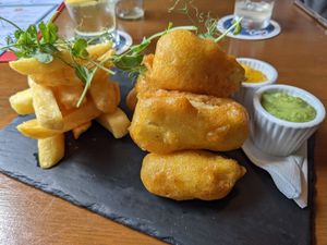 Cider battered tofu, chunky chips, pea & basil puree, lemon curd dip at The Continental in Preston