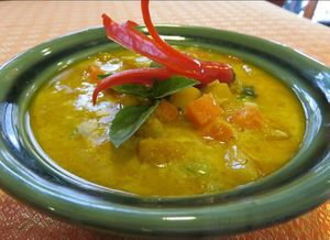 "Curry vegano com leite de coco, lichia, cabotiá, cenoura em cubos e sementes de abóbora" at Bangkok Garden in Londrina