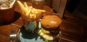 Vegan chilli cheeze burger and fries (vg) at The Forth Hotel in Newcastle Upon Tyne