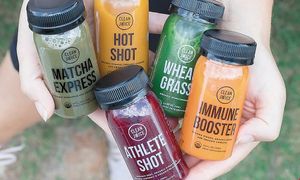 A selection of cold-pressed wellness shots. All juices are vegan. at Clean Juice in Chapel Hill