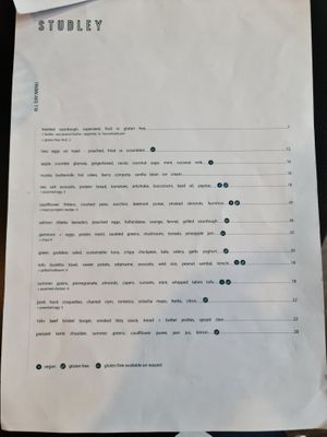 Menu at Studley Grounds in Kew