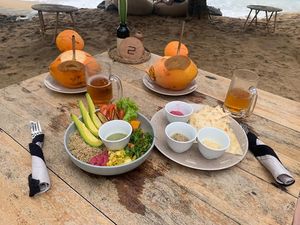 Rainbow salad bowl and mezze plate (flatbread and dips)  at THE SLOW in Mirissa