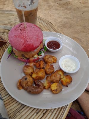 Bean burger and potatoes at The Slow in Mirissa