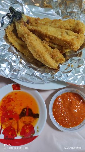 Deep Fried Eggplant with sweet sauce and sambal chilli at Taste Vegan - 鄉味素食 in Central Singapore