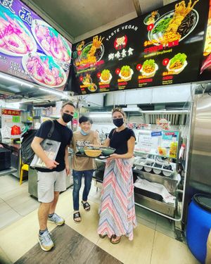 A couple from Germany
 Find my store by google map
 I highly recommend our proud
 GanLao handmade mee hun kueh and our exclusive recipe sambal balecan because I said it was our  at Taste Vegan - 鄉味素食 in Central Singapore
