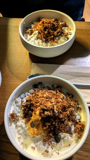 Coconut porridge, blood orange curd and chocolate at Homeground Coffee & Kitchen in Windermere