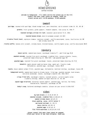 Menu at Homeground Coffee & Kitchen in Windermere