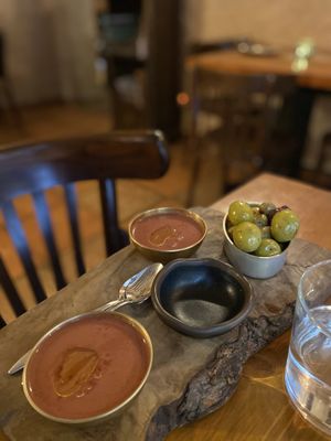 Gazpacho - the stand out dish - and olives  at Ziryab in Barcelona