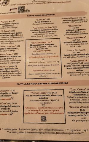 Menu at Ziryab in Barcelona