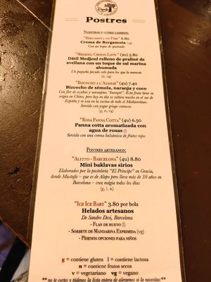 Sweets menu at Ziryab in Barcelona