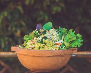 Ensalada de quinoa con vegetales y verdes orgánicos frescos y frutos secos at Ser Vegano in Punta Del Este