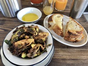 #vegan Deep fried cauliflower (without cheese), and Acme sourdough bread with olive oil and sea salt   at Grand Lake Kitchen in Oakland