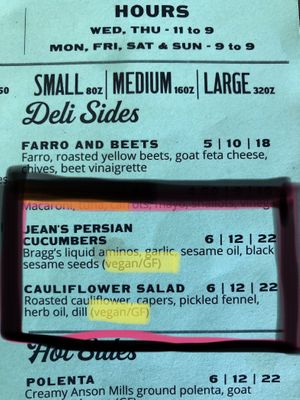 Labeled vegan items on the menu  at Grand Lake Kitchen in Oakland
