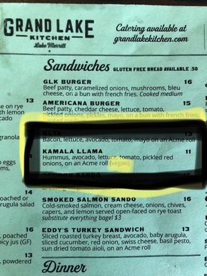 Labeled vegan sandwich   at Grand Lake Kitchen in Oakland