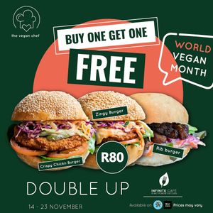 Happy World Vegan Month! Let's celebrate with a burger in each hand 😉🤤

Live that burger life with TVC's 2 for 1 special from 14 - 23 November! 🍔🍔  at The Vegan Chef - Sandton in Johannesburg