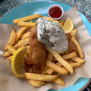 vegan fish and chips   at The Watering Hole in Perranporth