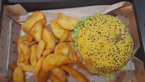 Spicy chickpea burger with potato wedges  #Veganuary at Flower Burger in Brighton