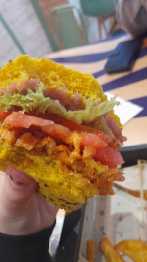 Inside of spicy chickpea burger #Veganuary at Flower Burger in Brighton