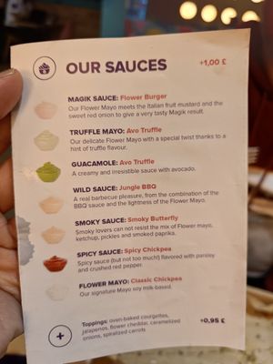 The sauces menu - the magik sauce is next level! at Flower Burger in Brighton