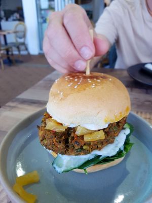 Vegan Burger at Little Parliament in Rainbow Beach