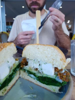 Inside the vegan burger  at Little Parliament in Rainbow Beach
