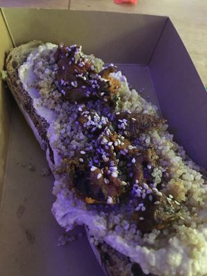 Hummus toast with sweet potato  at Base V Juicery in Milan