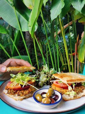 Veggie burger fuccacia  at Yoga House in Koh Phangan