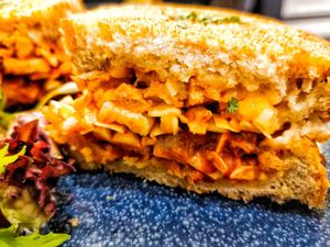 Texture of the grilled cheese kimchi sandwich at Am I Addicted in Central Singapore