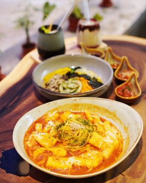 Vegan Option Jardin Bibimbap, Vegan Torta Di Riso Pasta, Vegan Iced Ginseng Smoothie, Vegan Strawberry Chung Milk at Am I Addicted in Central Singapore