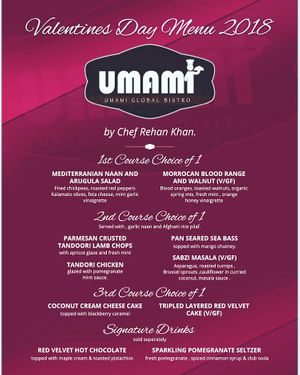 Valentine’s Day special 3 course dinner. at Umami Global Bistro in Catonsville