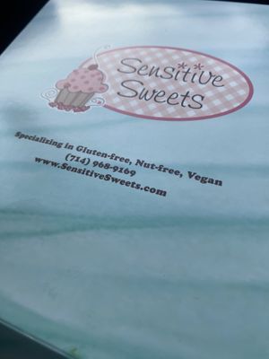 Box with information and logo  at Sensitive Sweets in Fountain Valley