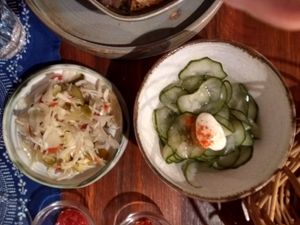 Cabbage and cucumber salads (remember to ask for no sour cream!) at The Rosemary in South East London