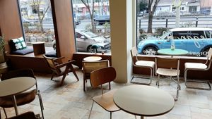 interior of location - seating at Vegan Mama in Seoul