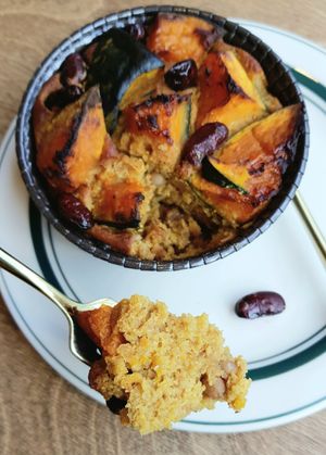 Korean-style sweet pumpkin "pie" - close-up  #Veganuary at Vegan Mama in Seoul
