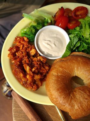 Mexican chili open sandwich - close-up at Vegan Mama in Seoul