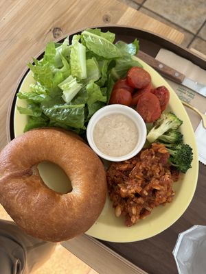 Vegan chili open bagel sandwich plate   at Vegan Mama in Seoul