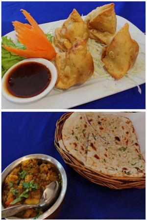 Vegetable samosas (top) and aloo gobi with naan bread at Kohinoor in Krabi