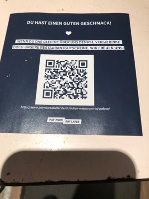 Pay now and eat Leater
Voucher - Taj palace Zürich 
Gutschein  at Indian Restaurant Taj Palace in Zurich