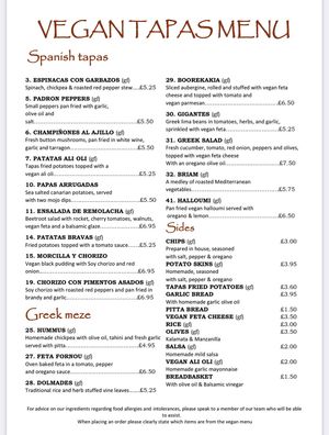 Vegan Tapas Dinner Menu  at The Old Yard Tapas Bar in Darlington