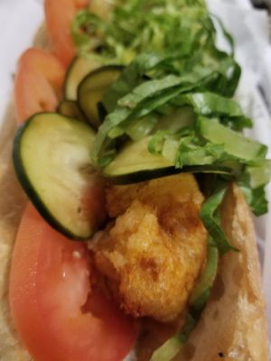 OMG I💗Dawson's Creek: Deep-Fried Parsnip "Oyster" + Remoulade + Shred Ledd/ Tomato/ Pickle + Deli Roll #Veganuary at Nice Times in Milwaukee