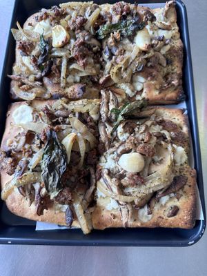 Fungi pizza with vegan sausage and vegan cheese.   at Emma Hearth & Market in Bridgman