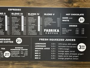 Menu at Fabrika Coffee in Sarajevo