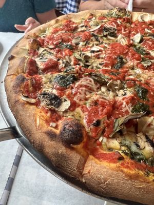 Vegan pizza with cheese, pesto, mushrooms   at Apizza! in New Paltz