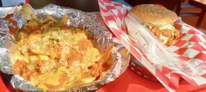 Chili cheese fries and tobacco road burger at Romeo's Vegan Burgers in Charlotte