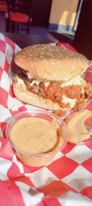 Tobacco road burger and house sauce at Romeo's Vegan Burgers in Charlotte